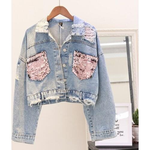 2020 New Women Denim Jacket Long Sleeve Overcoat Fashion Sequins Jeans Jacket Female Vintage Holes Short Coat Outwear P682