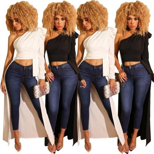 Long Sleeve Women Party Shirt with Long Cover Sexy One Shoulder Puff Sleeve Elegant Top High Waist Night Evening Clubwear Shirts