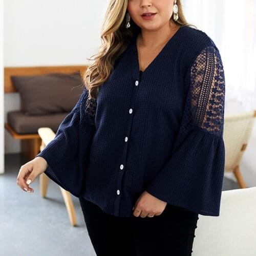 Autumn and winter large size womens sweater 4XL 5XL 6XL 7XL 8XL fashion V-neck lace button trumpet sleeves sweater bust 133CM