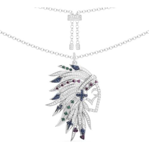 SLJELY Luxury Brand S925 Sterling Silver Indian Chief Multicolor Feather Necklace Cubic Zirconia Stones Women Fine May Jewelry