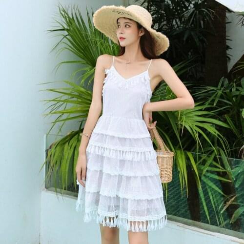 2019 Women Dress New Fashion Summer Elegant Slim Formal Party Beach Runway Sexy Backless Spaghetti Strap Mesh Mini White Dress