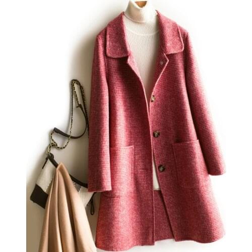 Mid-length Women Slim Lattice Double-sided Cashmere High Quality Wool Coat Autumn Winter Elegant Single Breasted Woolen Overcoat
