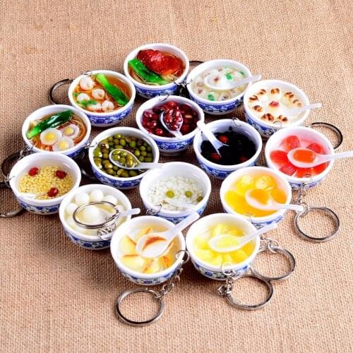 1PC Hot Chinese Blue and white porcelain KeyChains Food Bowl Mini bag pendant Simulation Food Plastic Metal Craft MY 002