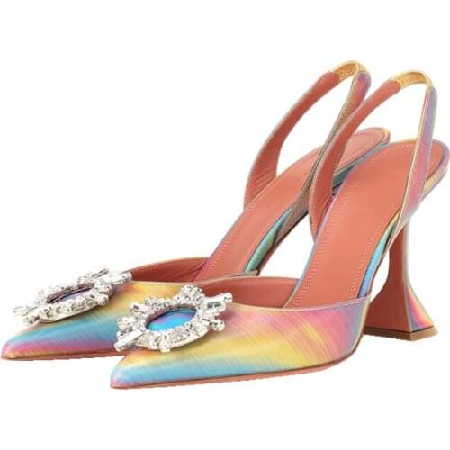 Free Shipping fashion rainbow patent leather crystal strass point toe slingback high heels sandals shoes