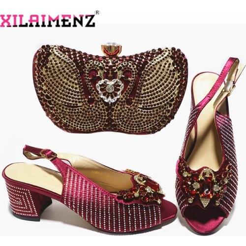 Wine Color New Design Nigerian Women Shoes and Bag to Match High Quality Comfortable Square Heels Sandals for Party