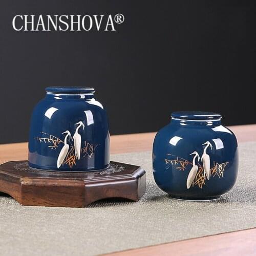CHANSHOVA Traditional chinese retro style Color glaze Egret Blue Porcelain Tea caddy Ceramic tea box tea storage container H165