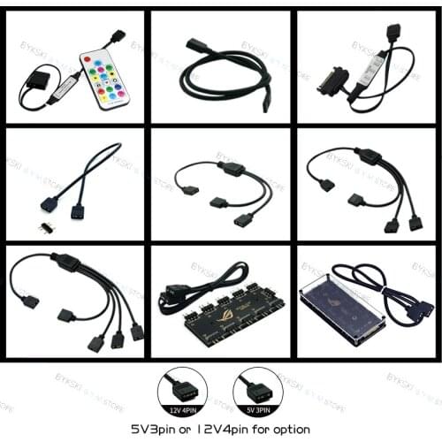 M/B RGB SYNC Extension Cable Splliter ARGB Hub, 5V 3Pin/12V 4Pin 1-1/2/3/4/10 AURA Adapter Line Support Asus/Gigabyte/MSI/AsRock