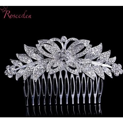 Fashion Leaf Flower Butterfly Designs Bride Wedding Tiara Ladies Silver Plated Shine Floral Leaf Crystal Women Alloy Combs RE258