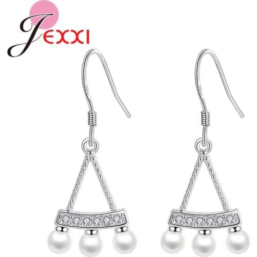 Fashion Austrian Crystal White Pearl French Hook Earrings Jewelry Classic Wedding Dress 925 Sterling Silver Swing Shaped