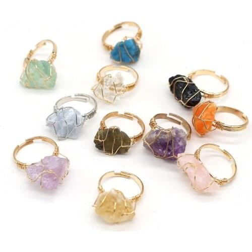 New Natural Stone Crystal Rings Handmade Gold Color Wire Wrap Amethysts Druzy Adjustable Finger Ring Jewelry for Lady Gifts