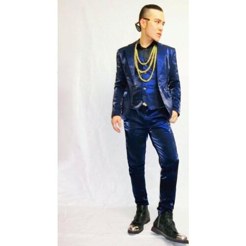 New mens spring blue red three-piece suits set nightclub stage host singer costume suit (coat + vest + pants)