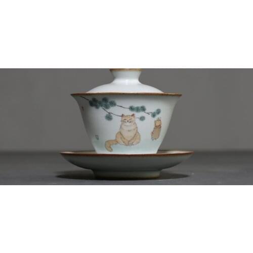Ru Kiln Hand Painted Cute Cat Ceramic Cover Bowl Teacup Sancai Gaiwan Tea Bowl Kung Fu Puer Tes Set Tea Cup Drinkware Wine Set
