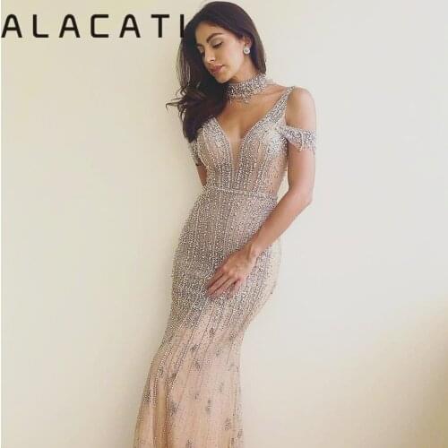 High-end luxury heavy work evening dress diamonds pearl fashion sexy fishtail two wearing evening dress exports Middle East Duba