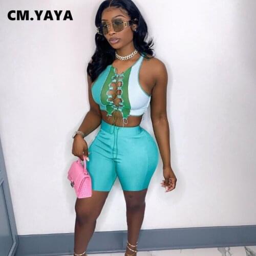 CM.YAYA Women Set Patchwork Crisscross Lace Up Sleeveless Crop Tops Elastic Shorts 2 Piece Set Active Tracksuit Sexy Outfits