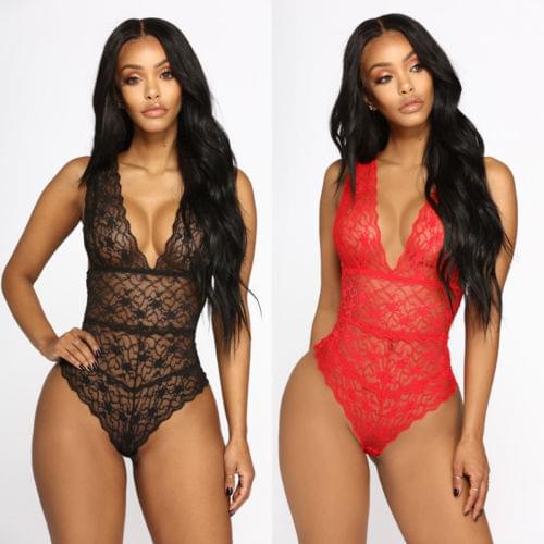 Newest Arrival Sexy Bodycon Bodysuit Women Hot Erotic Lace Backless Catsuit Underwear G-string Red Black Sleepwear