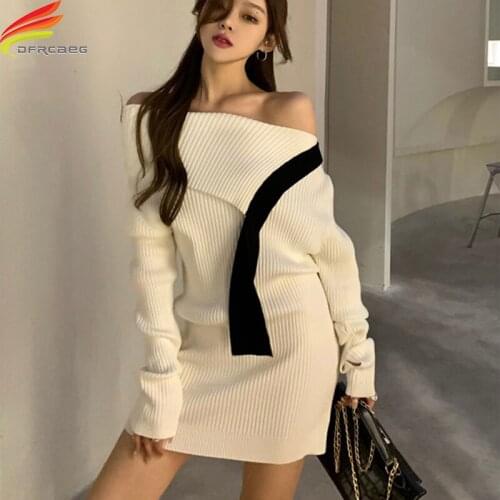 New 2020 Autumn Winter Slash Neck Collar Sweater Dress Women Off Shoulder Elegant White Long Sleeve Mini Knitted Dresses Female