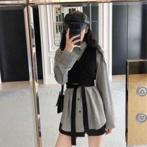 2020 Fashion Two-Piece All-match Long-Sleeve Blouse Lace-up Vest Two-Piece Set