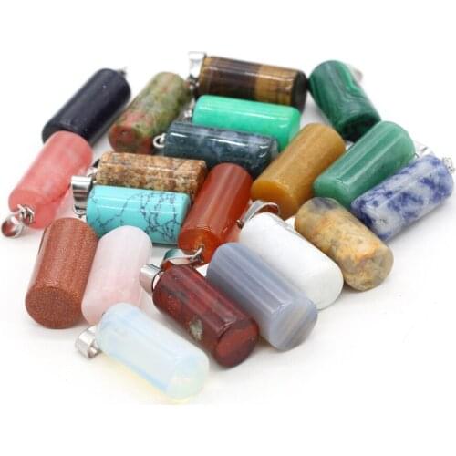 Cylinder Natural Stone Pink Quartz Crystal Turquoises Tiger Eye Opal Charms Pendant for DIY Jewelry Making Necklace Accessories