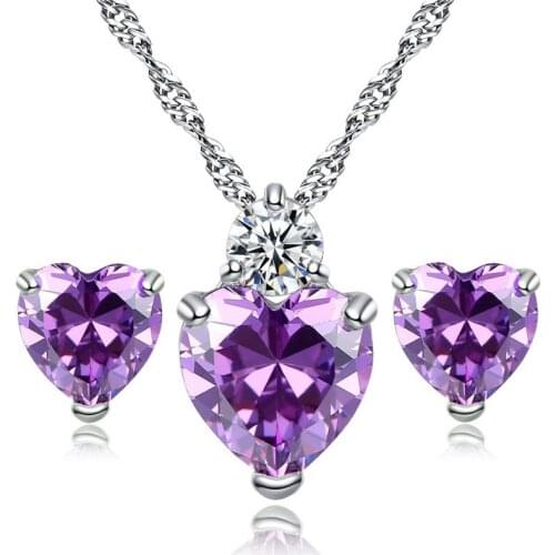 Purple Crystal Love Heart Shape Women 925 Silver Bridal Jewelry Sets For Wedding Fashion Zircon Pendants Necklaces Earrings Set