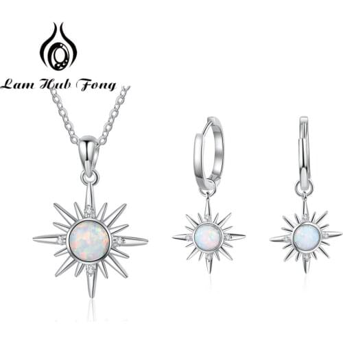 Silver 925 Jewelry Sets for Women 925 Sterling Silver Sun Pendant Necklaces & Hoop Earrings with White Opal Stone (Lam Hub Fong)