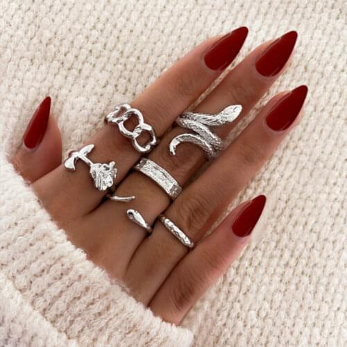 Punk Vintage Gold Silver Color 6Pcs Knuckle Rings for Women Fashion Geometric Snake Rose Chain Female Finger Rings Set Jewelry
