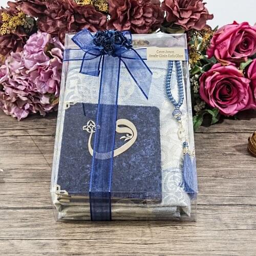 İpek Nur Prayer Rug, Bag Size Velvet Yasin, Pearl Rosary, Decorated Gift Set Navy Blue FREE SHİPPİNG