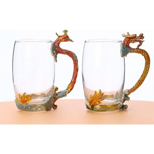 Creative Enamel Color Water Cup Family Coffee Cup Lovers Dragon Phoenix Glass Juice Cup Flower Teacup Valentines Day Gift