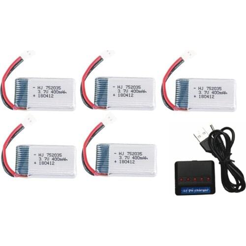 5Pcs 3.7V 400MAh Lipo Battery + USB Charger Spare Parts for Hubsan X4 H107 H107L H107D JD385 JD388 752035 Battery