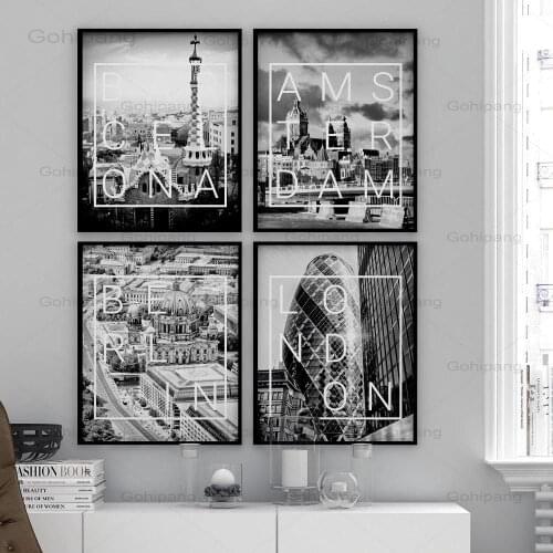 Amsterdam London Canvas Poster Black and White Wall Art Pictures Home Decor New York Stockholm Barcelona City Living Room Decor