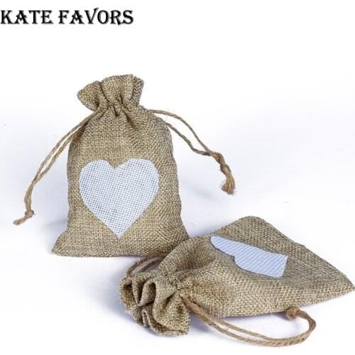 50Pcs/Set Fashion White Linen Drawstring Wedding Favor Bags Pouch Pink Heart Shape Wedding Gift Bags Jewelry Bag 10*14cm