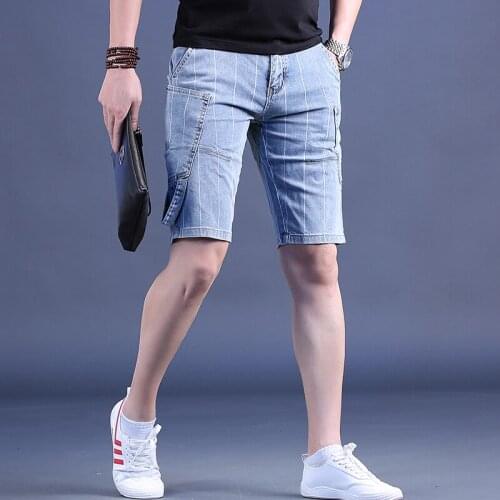 Mens Baggy Denim Shorts New Summer Fashion Striped Shorts Casual Light Blue Multi-Pocket Short Jeans