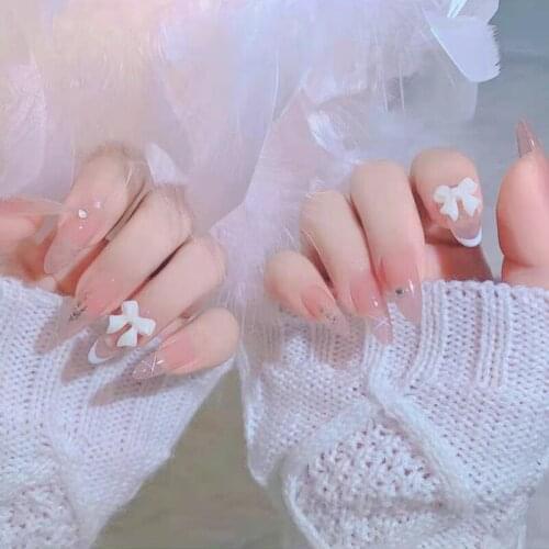 Newly Nail Stickers With Glue Light Bowknot Wearing Nail Patch Fake Nail Finished Nail Sticker Portable and Easy to Replace