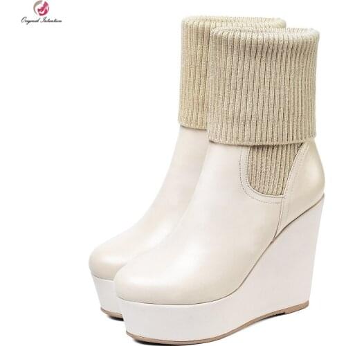 Original Intention High Quality Real Leather Wedges Ankle Boots Woman Winter Shoes Round Toe High Platform Black White Casual