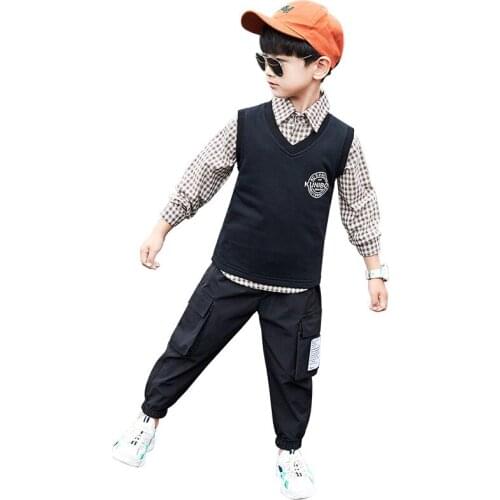 Boy autumn vest shirt pants three-piece suit Boy cotton casual three-piece suit Boy Plaid Shirt Vest Pants Set