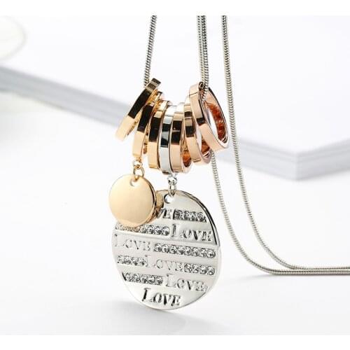 Multi Circles Pendants Necklace LOVE Crystal Round Charms Long Sweater Chain Necklace Statement Fashion Jewelry For Women Gifts