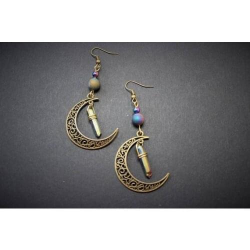 Half Moon Earrings Aura Quartz Jewellery Bronze Charms Moon Jewellery Crystal Earrings Moon Goddess Earrings