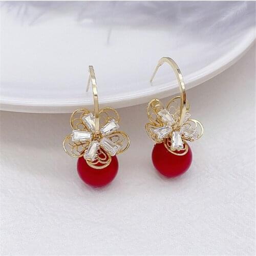 Flower Earrings Red Imitation Pearl Earring Simple Net Red 2021 New Drop Earrings Bridal Girl Jewelry Brincos