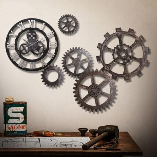 Modern Retro Wall Clock Antique Metal Gear Clocks Mechanical Roman Numerals Numbers Wallclock Kol Saati Watch Wall Home Decor578