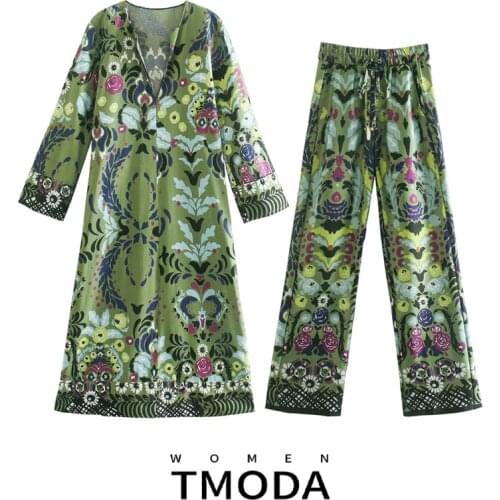 TMODA1555 ZA 2021 Summer Women Floral Printed Poplin Midi Dress And Female Elastic Waist Pocket Pants Lady Chic Two Piece Sets
