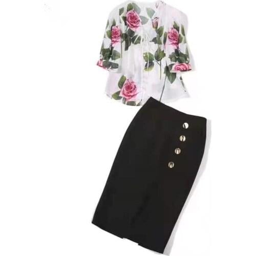 European and American womens wear for summer 2021 Rose print shirt with five-quarter sleeves Black skirt Fashion suits