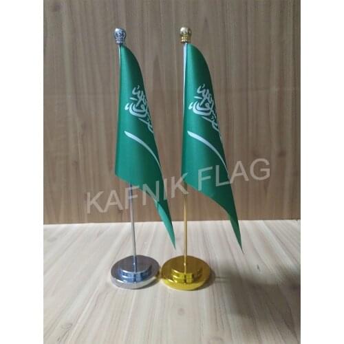 KAFNIK,Saudi Arabia Office table desk flag with gold or silver metal flagpole base 14*21cm country flag free shipping