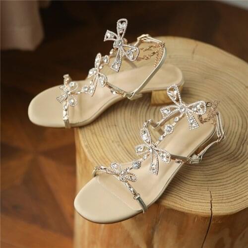 Explosive Fashion Retro Bow Ladies Sandals Rhinestone Elegant Sexy Womens Shoes Genuine Leather High-quality Handmade