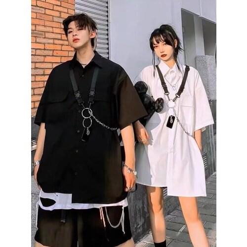 Womens Oversized T-shirt Loose Half-sleeved Shirt Gothic Dark Chain Pockets Blouses Y2k Tops Locomotive Wind Hip-Hop Harajuku