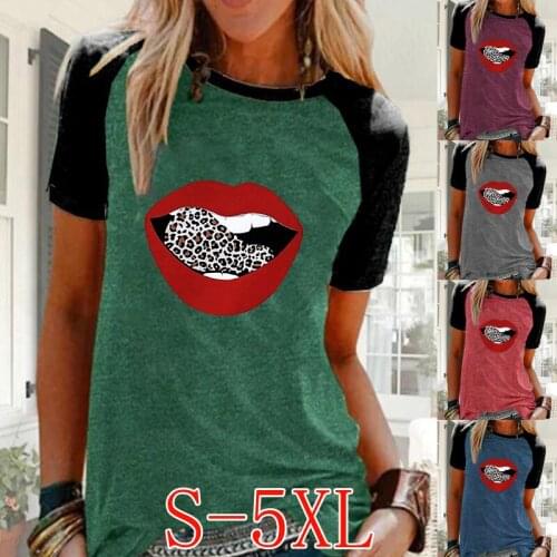 Women Summer Solid Color Short Sleeve T-shirt New Fashion Raglan Shirt Casual Loose Leopard Lips Printed Blouse Tops Plus Size