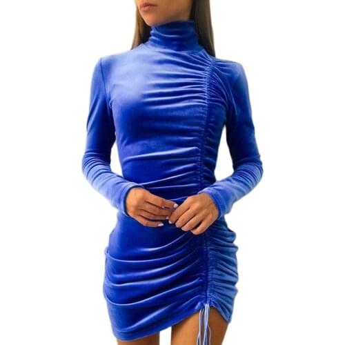 Autumn Winter New Turtleneck Long Sleeve Drawstring Velvet Mini Dress Women Solid Casual Slim Bodycon Elegant Hips Party Dress
