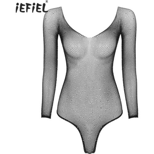 Women Sex Lingerie One-piece Teddies Bodysuit Costumes Long Sleeve See-through Sheer Mesh Fishnet Leotard Jumpsuit Nightwear