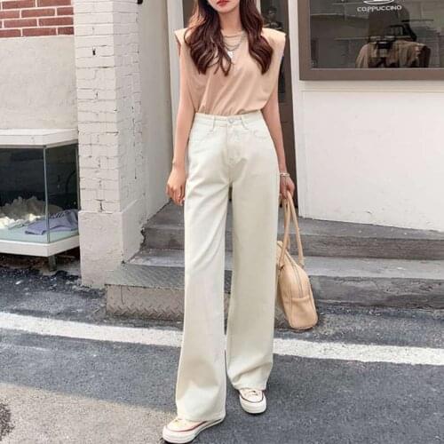 Womens High Waist Jeans Cotton Button Loose Womens Fashion Jeans Streetwear Retro Solid Womens Wide Trousers Water Wash Jean