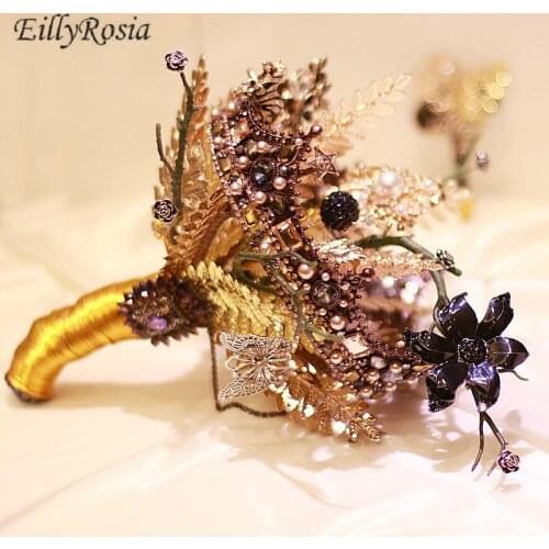 EillyRosia 1920s Gothic Wedding Bouquet Bride Black Gold Style Metal Structure Vintage Bridal Bouquet Crown Gorgeous hochzeit