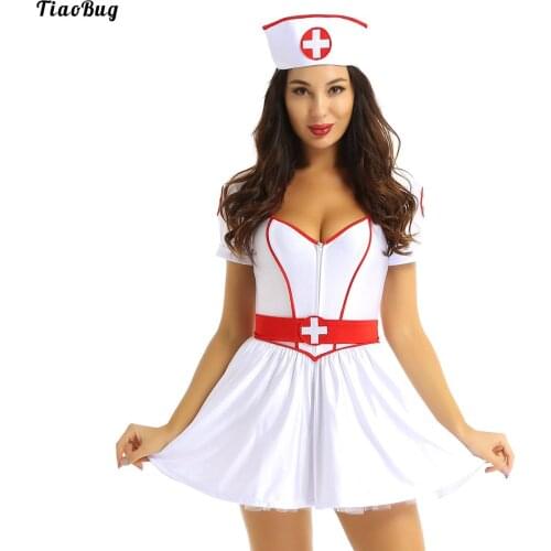 3Pcs Women Adults Naughty Nurse Costume Halloween Party Outfit Sweetheart Neckline Short Sleeves Tutu Dress With Headband Belt