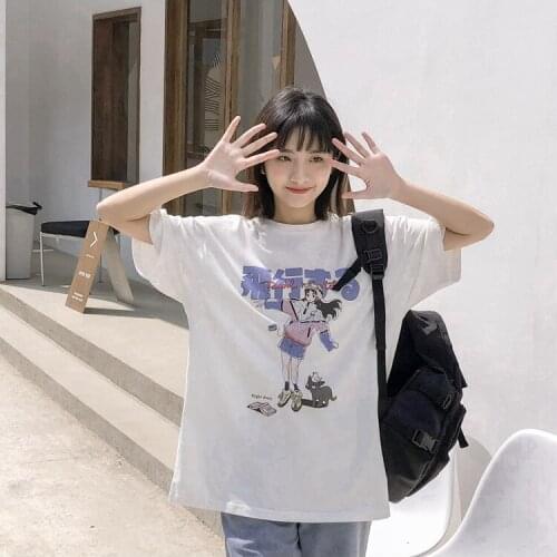 Summer new style Japanese girl print casual loose fashion all-match sleeve casual all-match T-shirt top